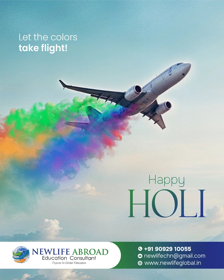 Holi creative ad: Jet airliner climbing with a rainbow Holi colour-powder trail