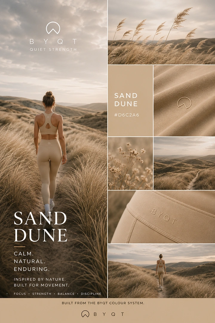 Gym & Fitness creative ad: Woman in beige activewear walking a grassy dune trail