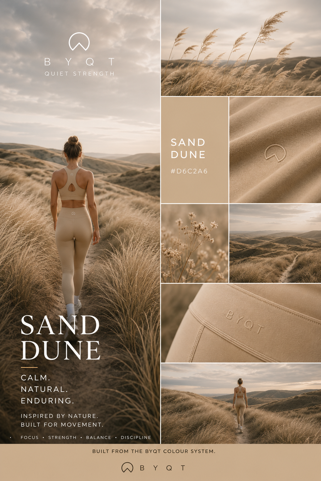 Poster: Woman in beige activewear walking a grassy dune trail