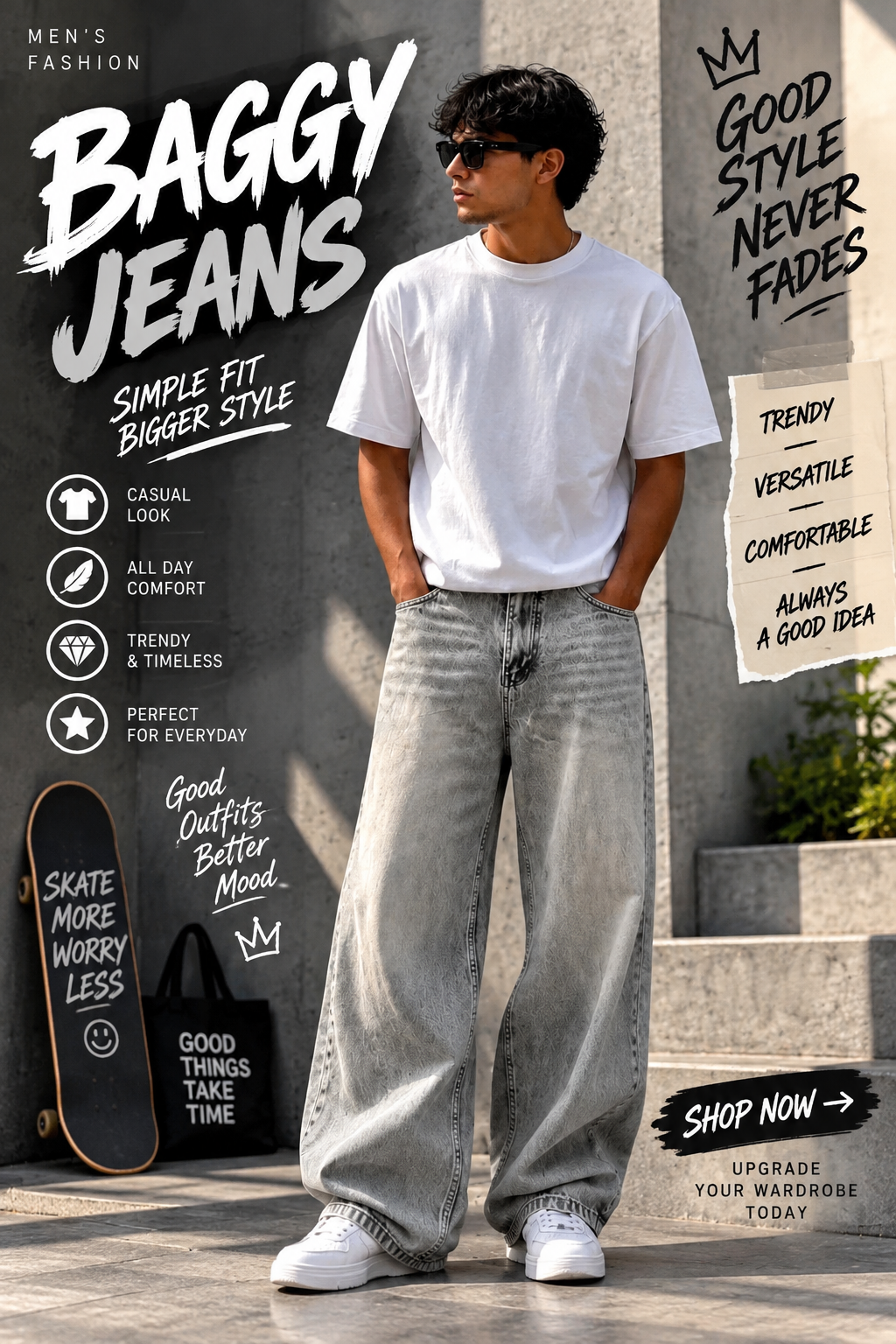 Story: Bold baggy-jeans streetwear punning