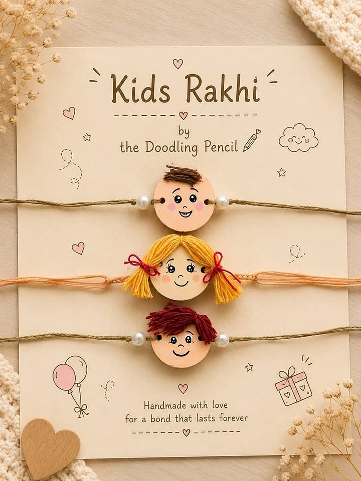 Raksha Bandhan creative ad: Three wooden kid-face rakhis on a doodled display card