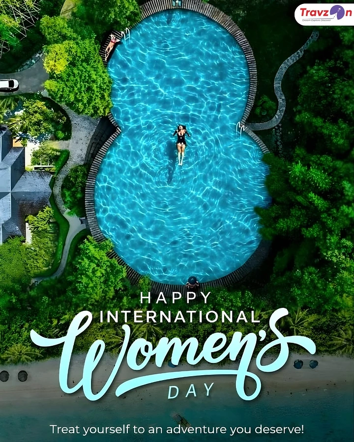 Women's Day creative ad: Aerial view of a figure-8 shaped resort pool with a woman floating