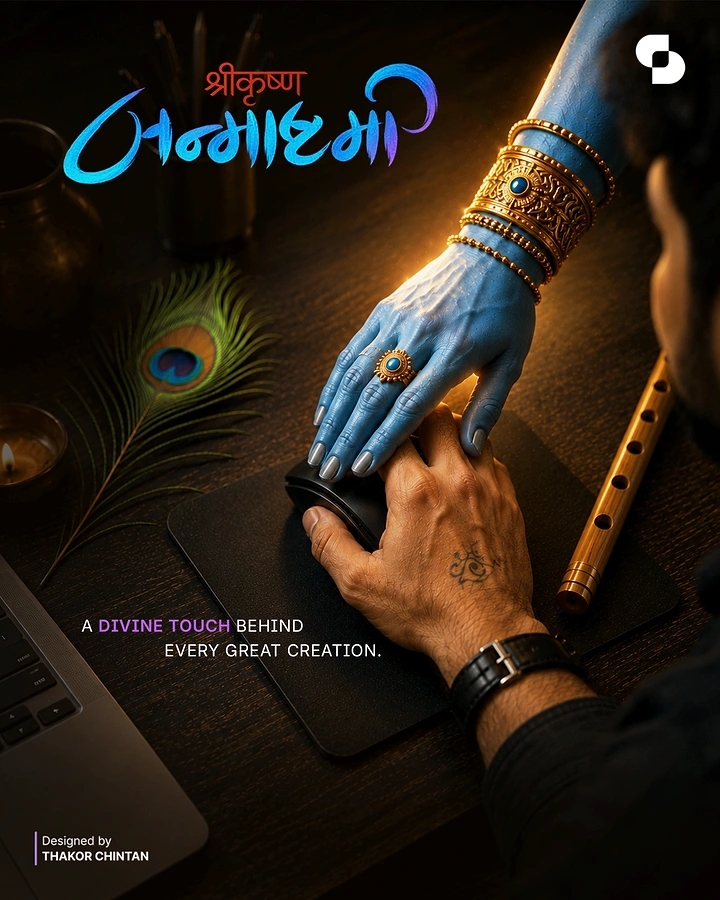 Janmashtami creative ad: Krishna's blue jewelled hand guiding a designer's hand on a mouse