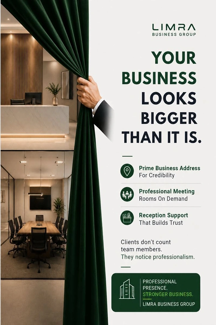 Business Consulting Firms creative ad: Hand drawing a green velvet curtain to reveal a luxury office