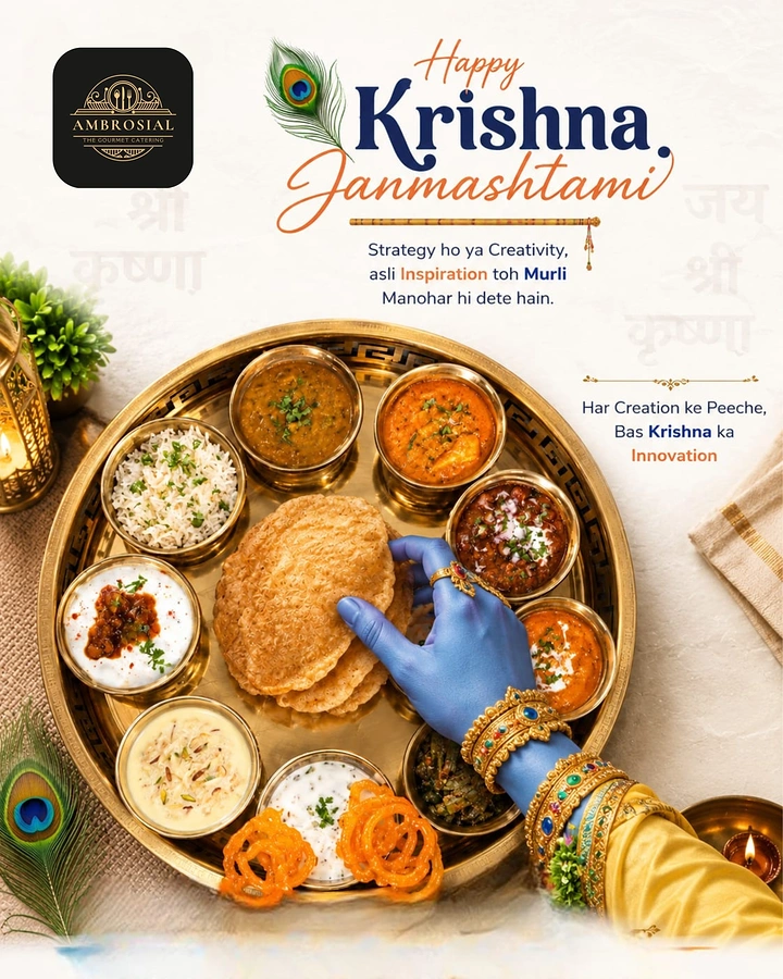 Janmashtami creative ad: Blue jewelled hand of Krishna reaching into a brass festive thali