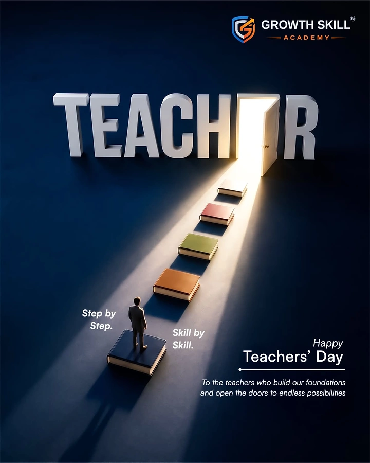 Teachers Day creative ad: 3D word with a glowing open door and a path of books leading to it