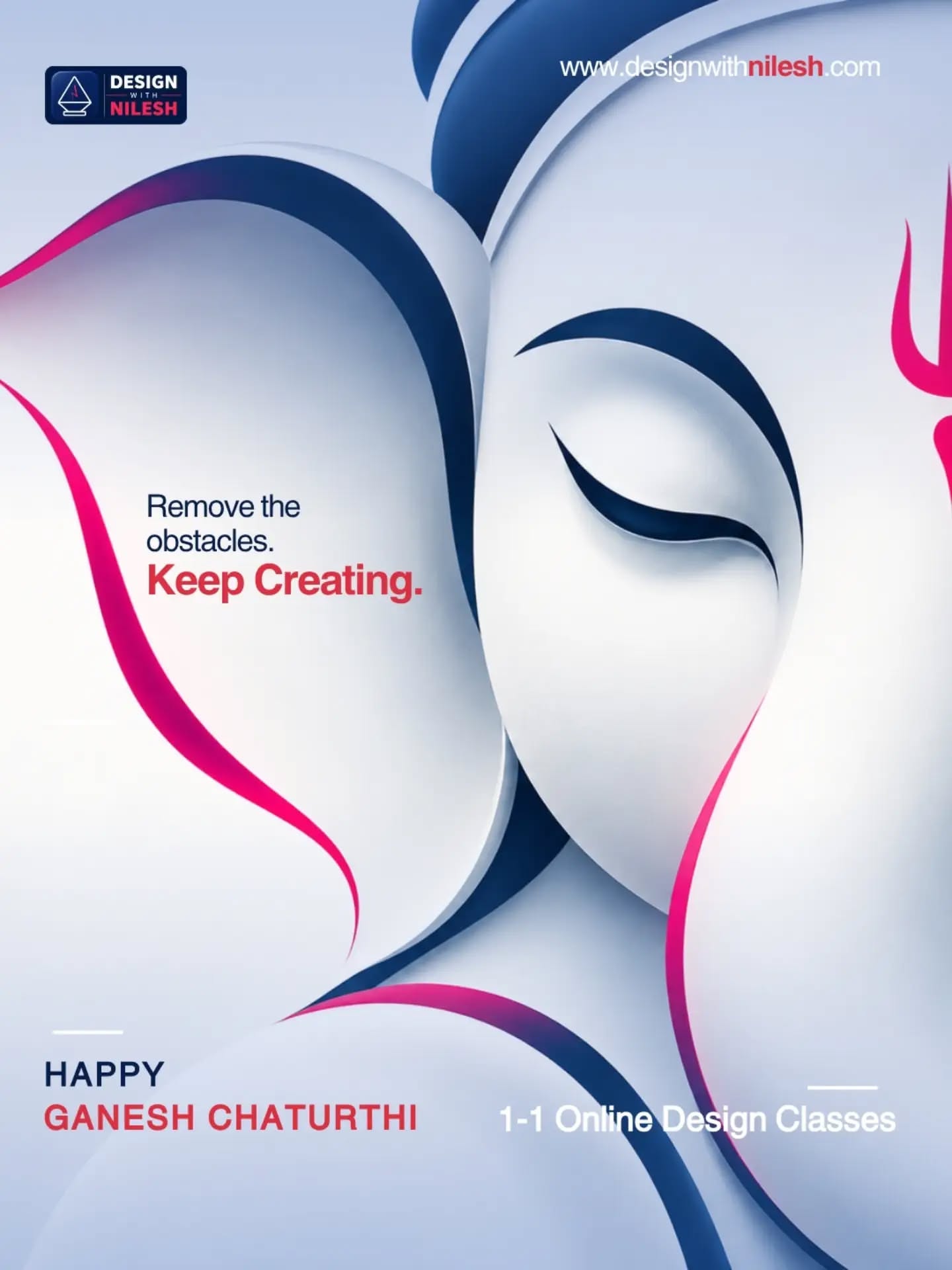 Close-up abstract sculpted Ganesha face in white with navy and magenta ribbons