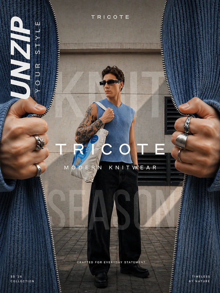 Creative ad: Model in blue knit vest revealed by hands unzipping a blue knit cardigan