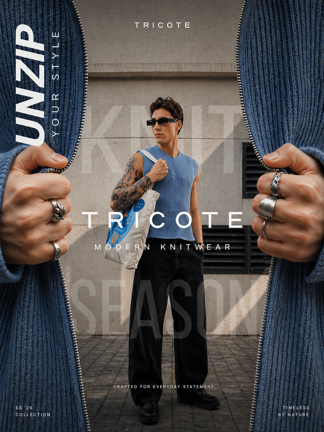 Instagram post: Model in blue knit vest revealed by hands unzipping a blue knit cardigan