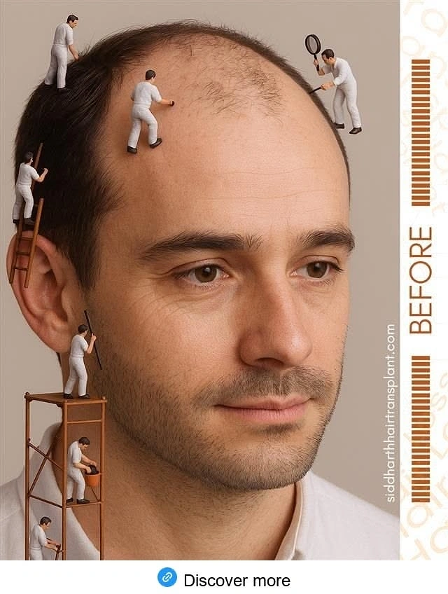 Hair Transplant & Hair Clinics creative ad: Balding man's head with miniature workmen repairing hairline