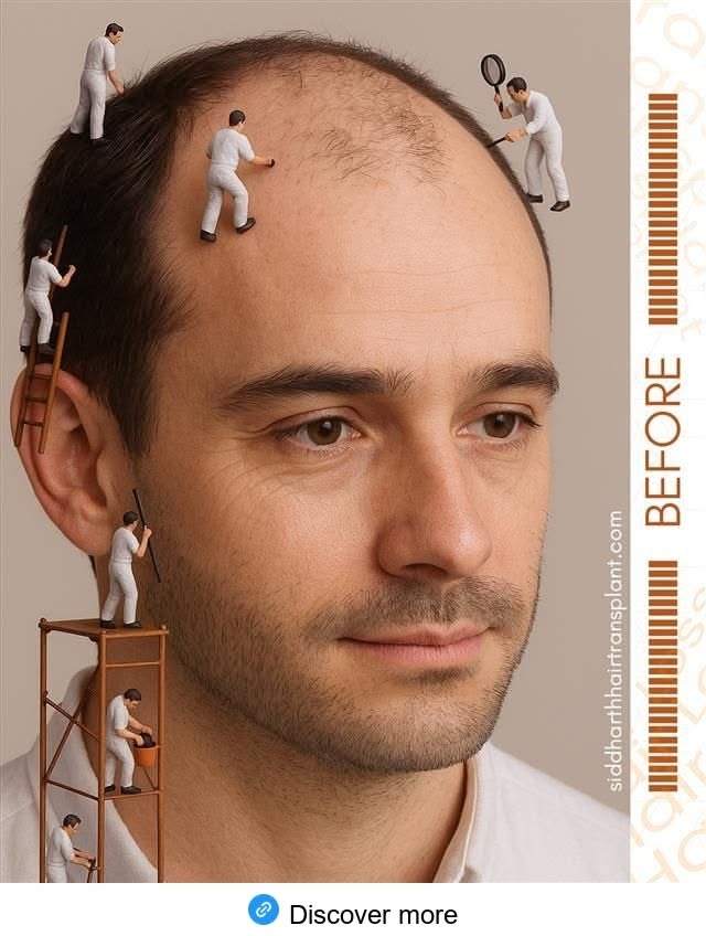 Instagram post: Balding man's head with miniature workmen repairing hairline