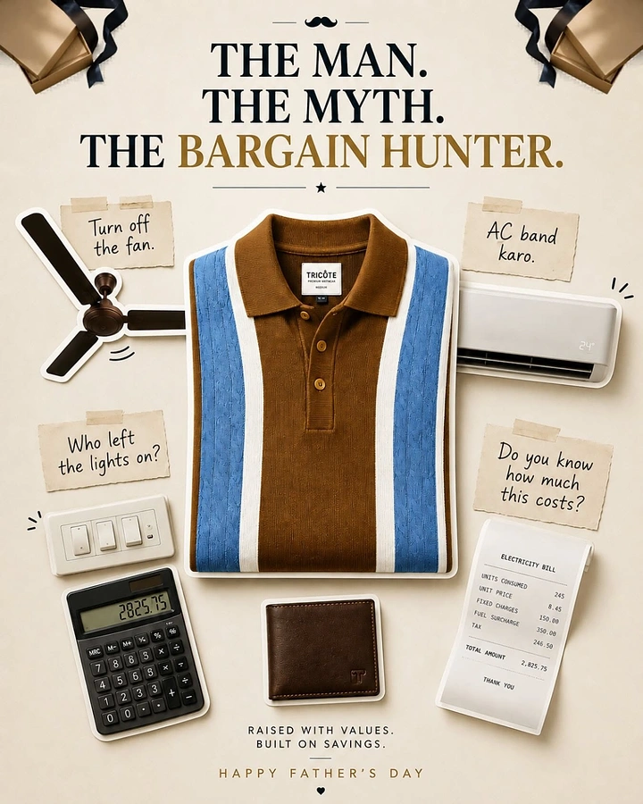 Father's Day creative ad: Folded striped knit polo surrounded by frugal-dad props