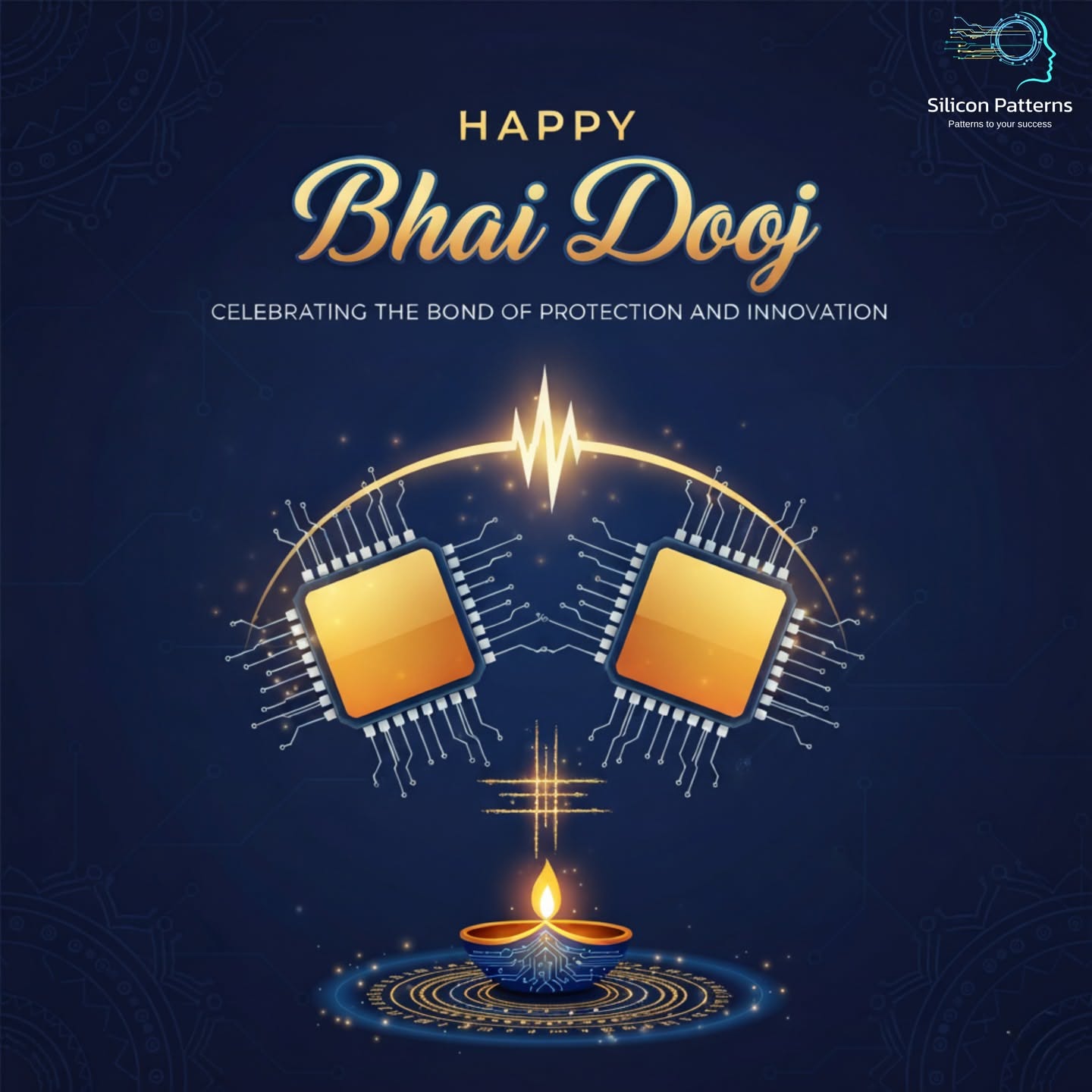 Bhai Dooj Poster: Two glowing microchips symbolizing sibling protection and innovation