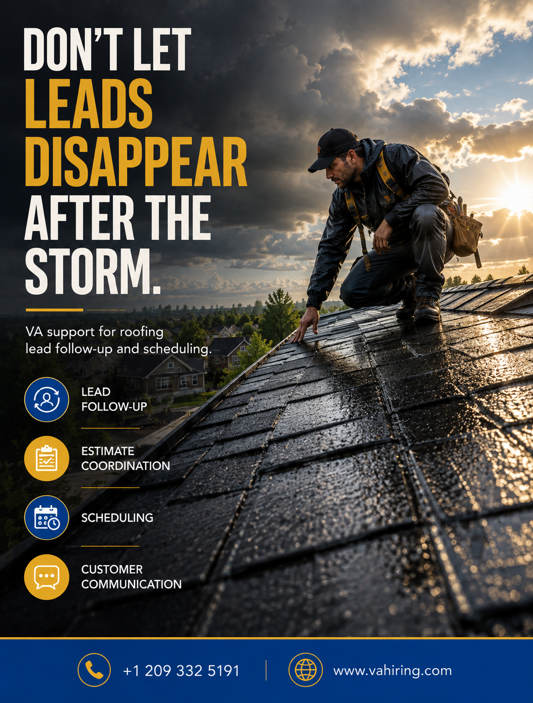Poster: Roofer repairing a wet roof after a storm