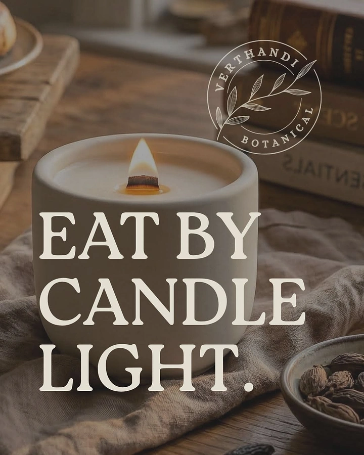 Candles & Home Fragrance creative ad: 'Eat by candlelight' bold serif mood