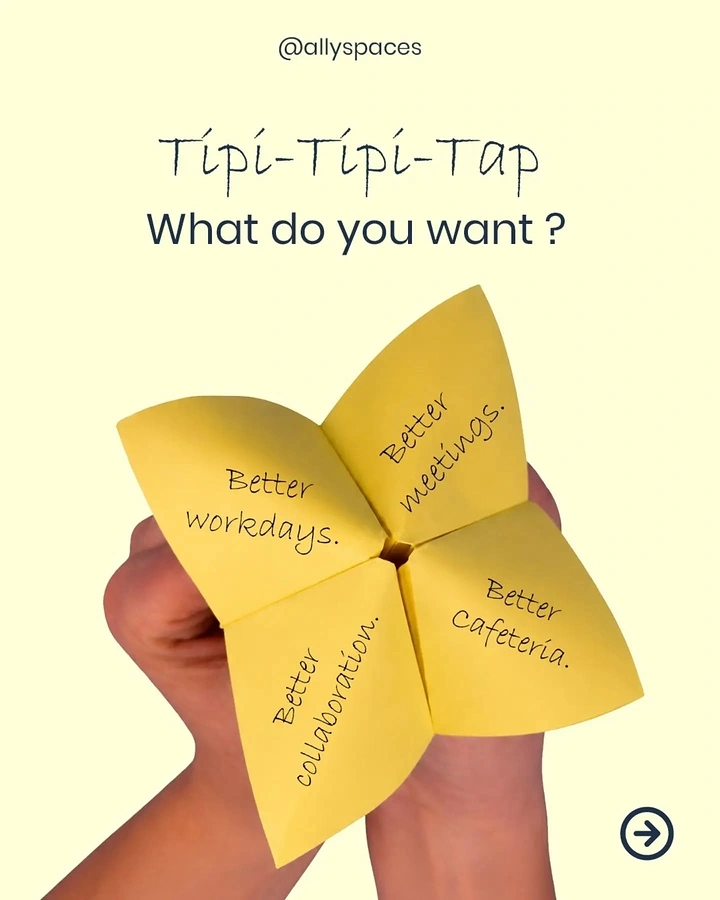 Co-working Spaces creative ad: Hands holding a yellow paper fortune teller