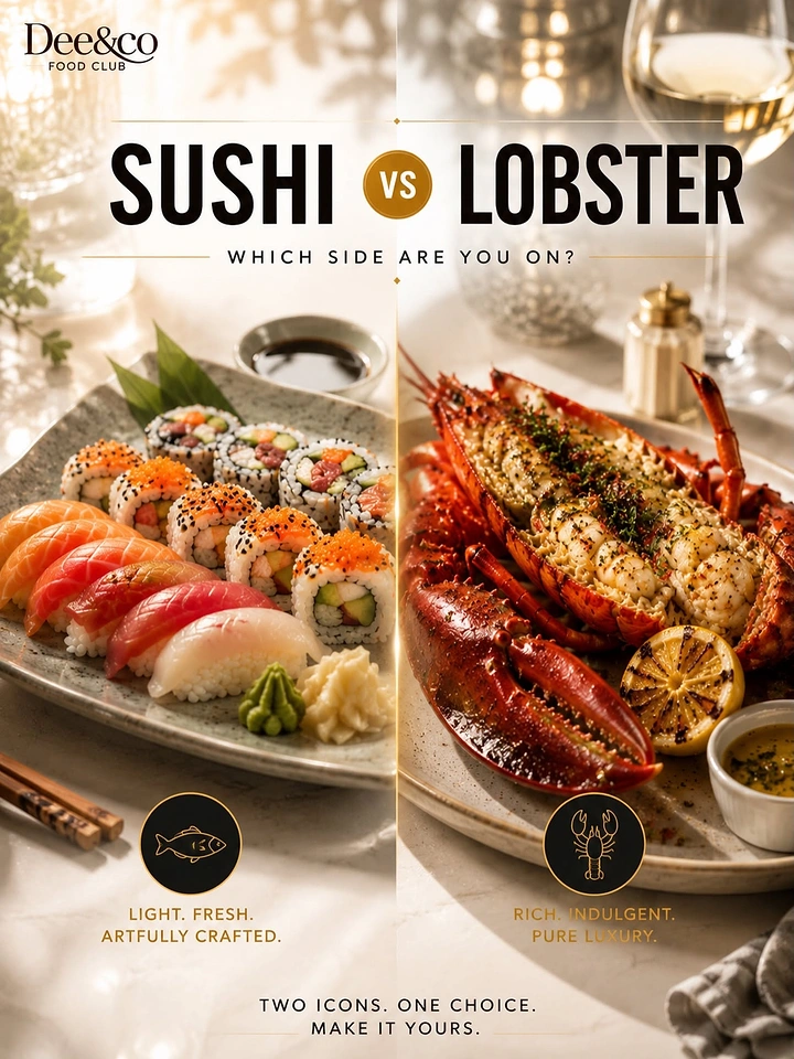 Seafood Restaurants creative ad: Sushi-versus-lobster comparison drives composition