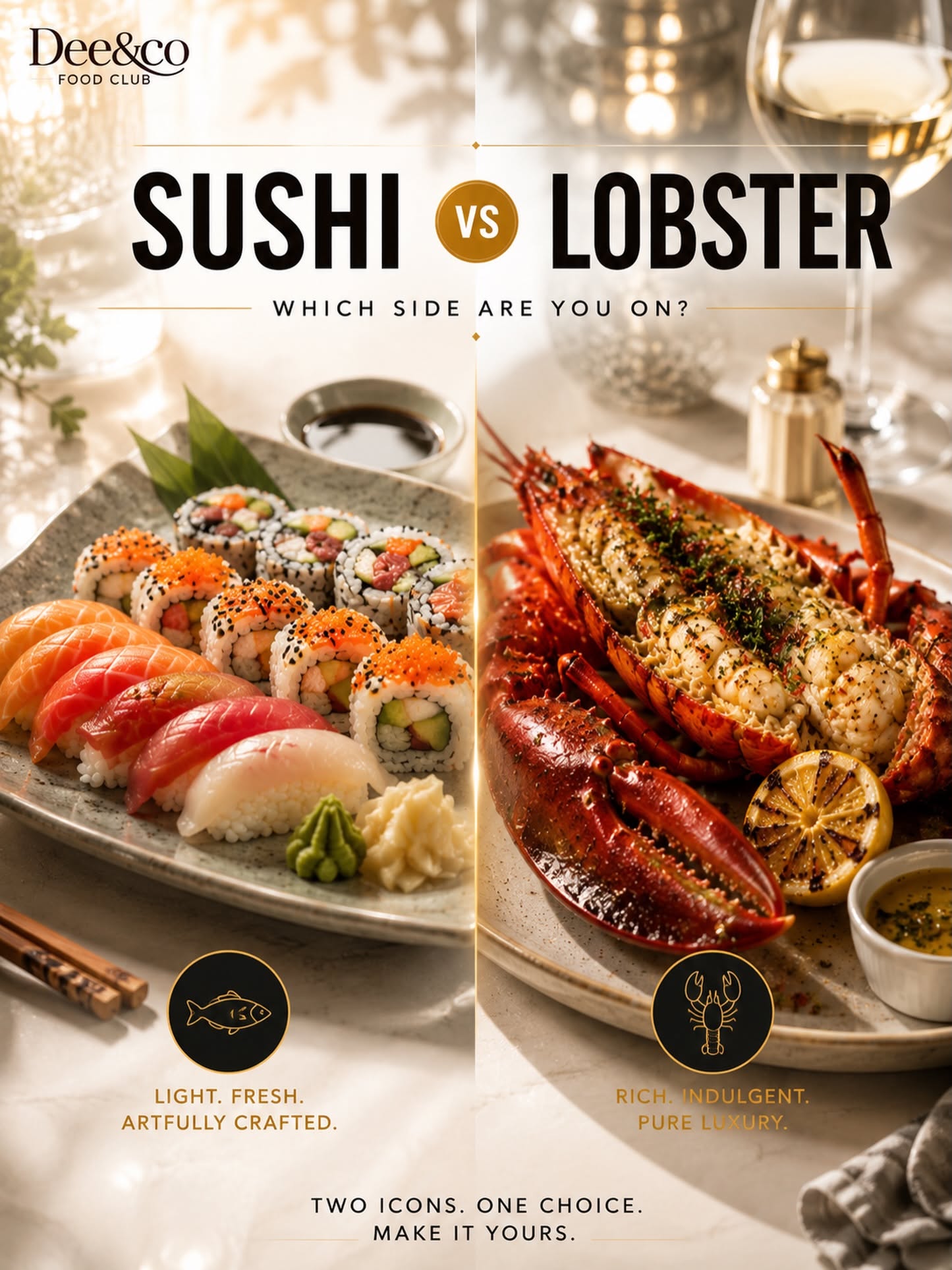 Instagram post: Sushi-versus-lobster comparison drives composition