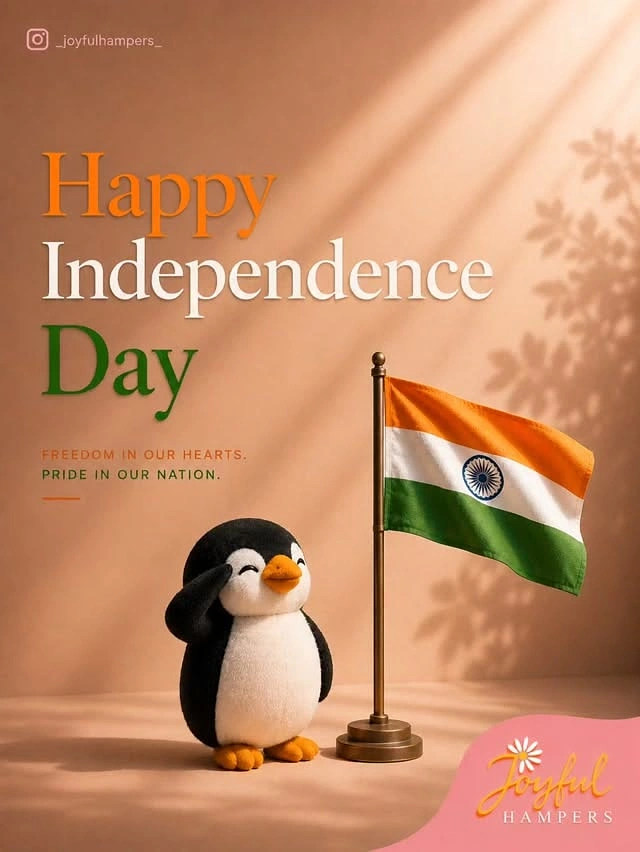 Independence Day creative ad: Plush penguin saluting beside a desk-stand Indian flag