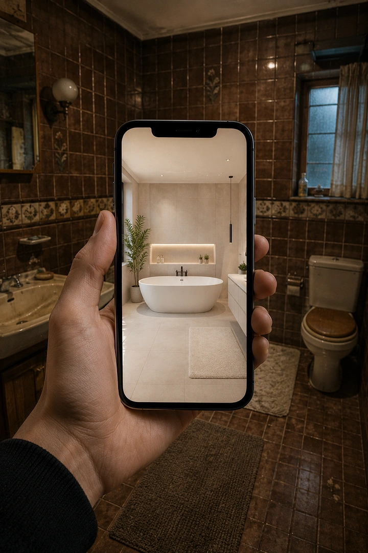 Home Renovation & Remodeling creative ad: Phone reveals renovated bathroom transformation