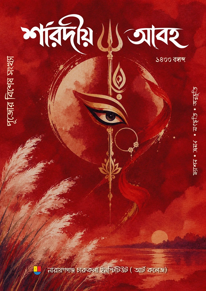 Durga Puja creative ad: Watercolour Durga eye on a vertical trishul in front of a large moon