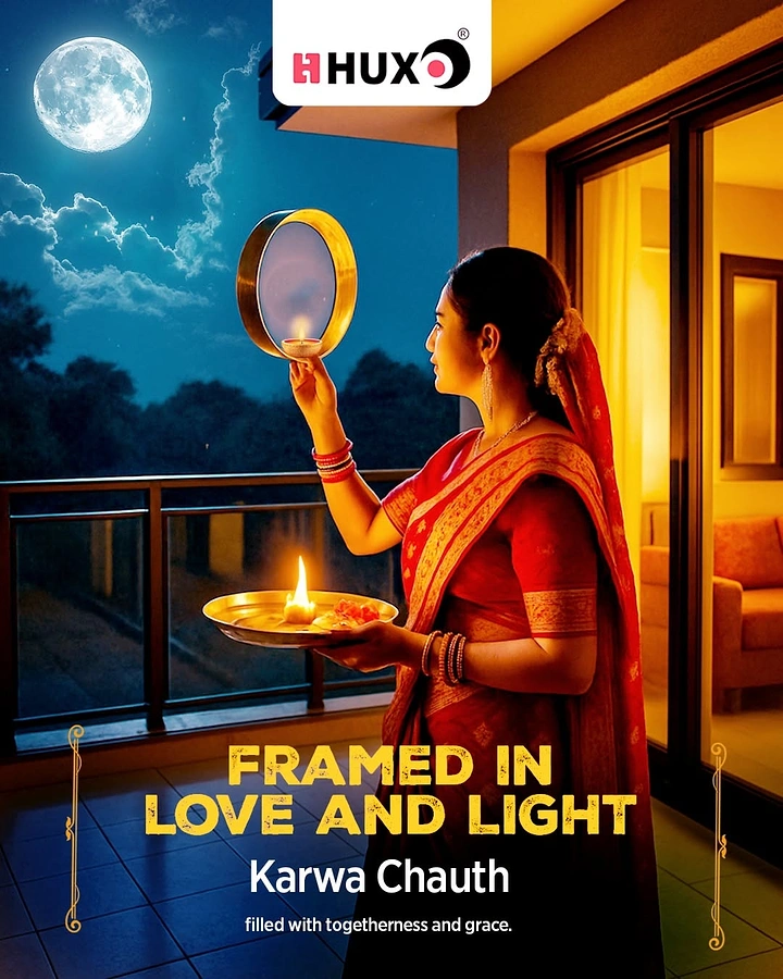Karwa Chauth creative ad: Woman in a red saree on a balcony raising a sieve to the moon with a lit thali