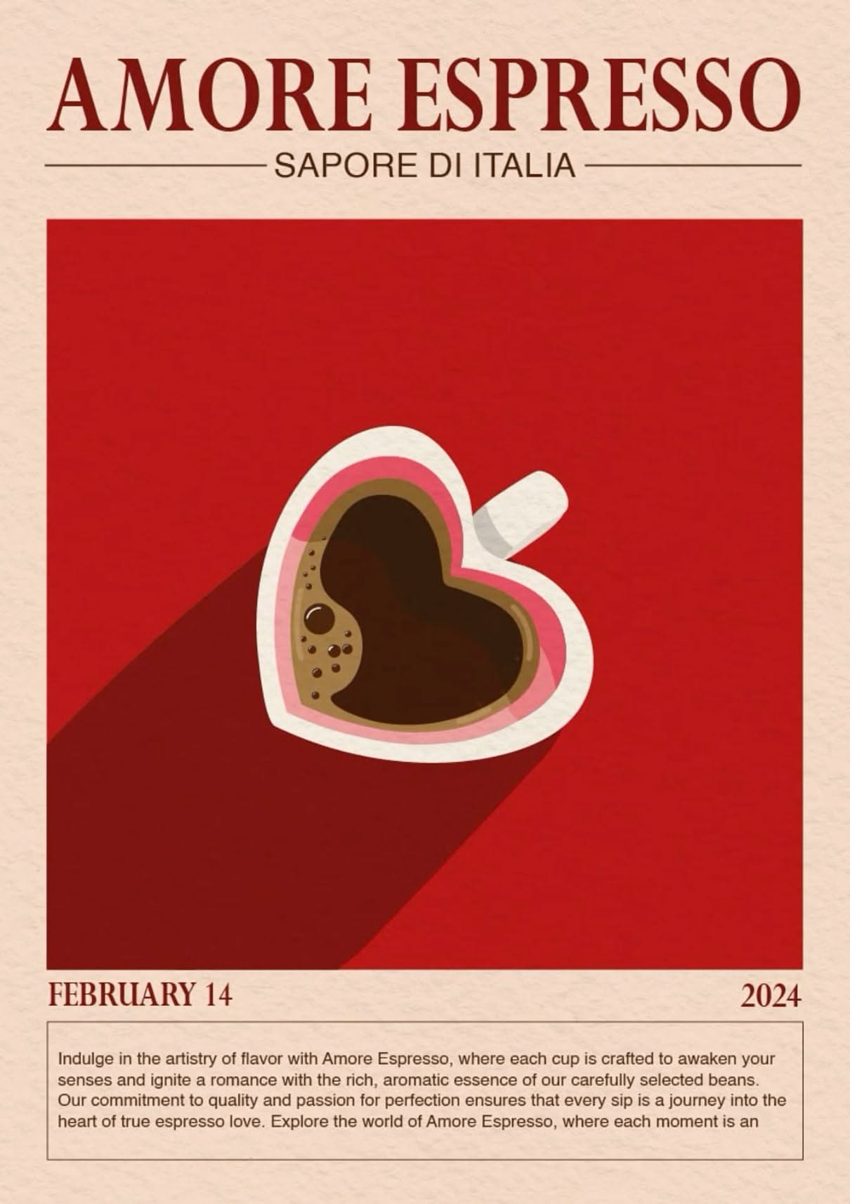 Valentine's Day Poster: Top-down heart-shaped espresso cup
