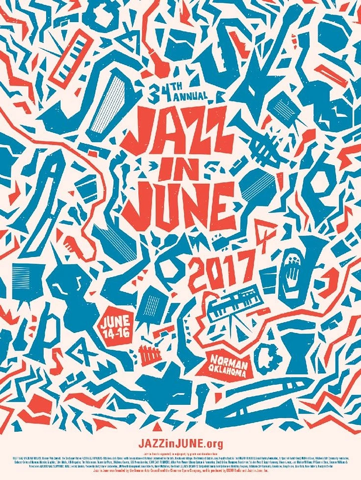 Creative ad: Dense papercut pattern of jazz instruments around a hand-cut title