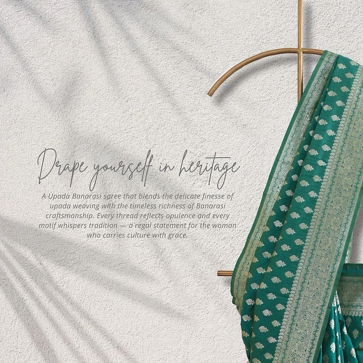 Ethnic Wear & Sarees creative ad: Saree hung on hanger, textured minimal layout