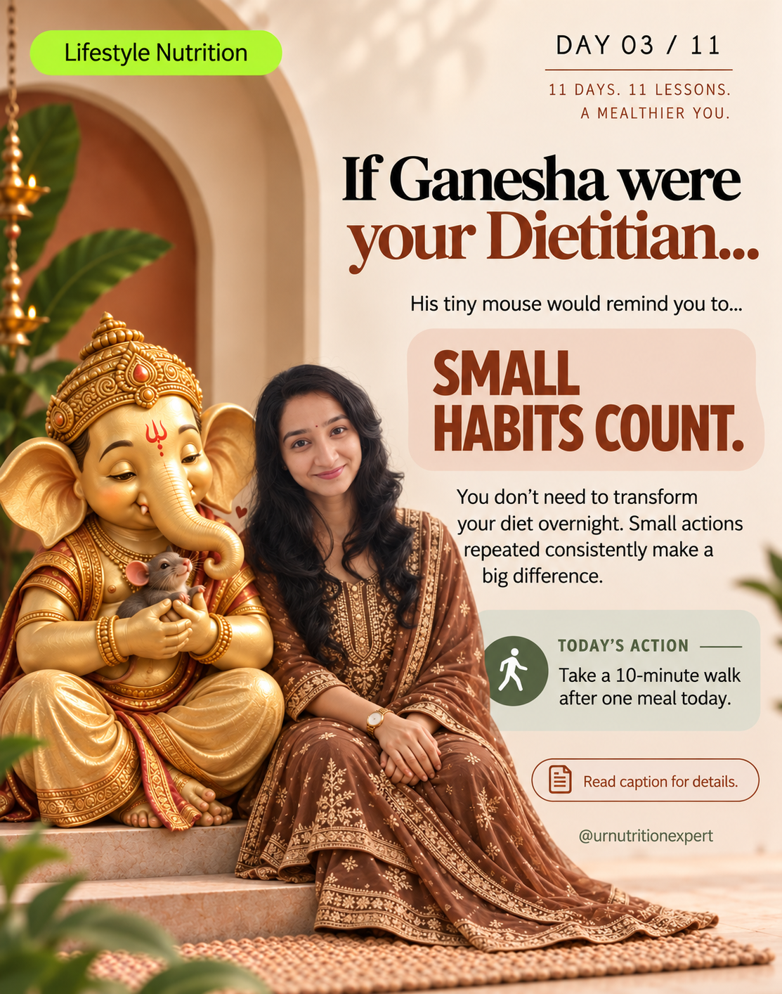 Ganesh Chaturthi Poster: A nutrition expert seated beside a richly decorated Ganesha idol