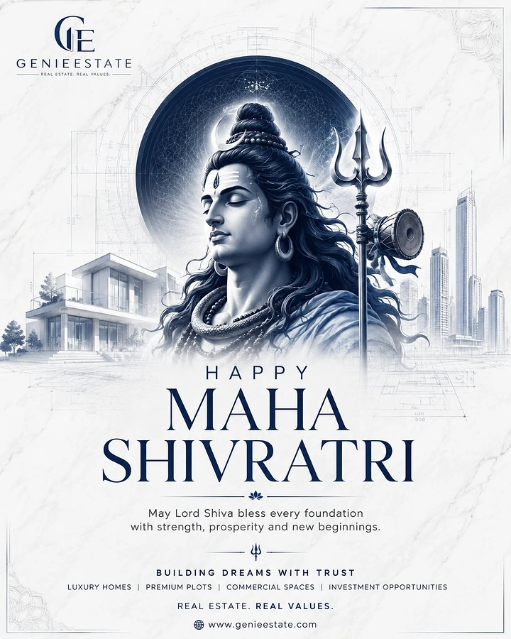 other-festival creative ad: Monochrome navy illustration of a meditative Shiva flanked by a modern villa and skyscrapers