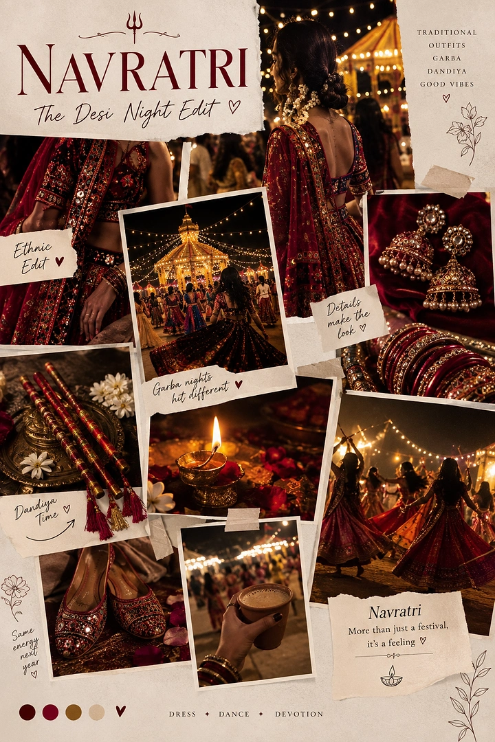 Navratri creative ad: Editorial collage of Navratri fashion, garba nights, jewelry, and festive details