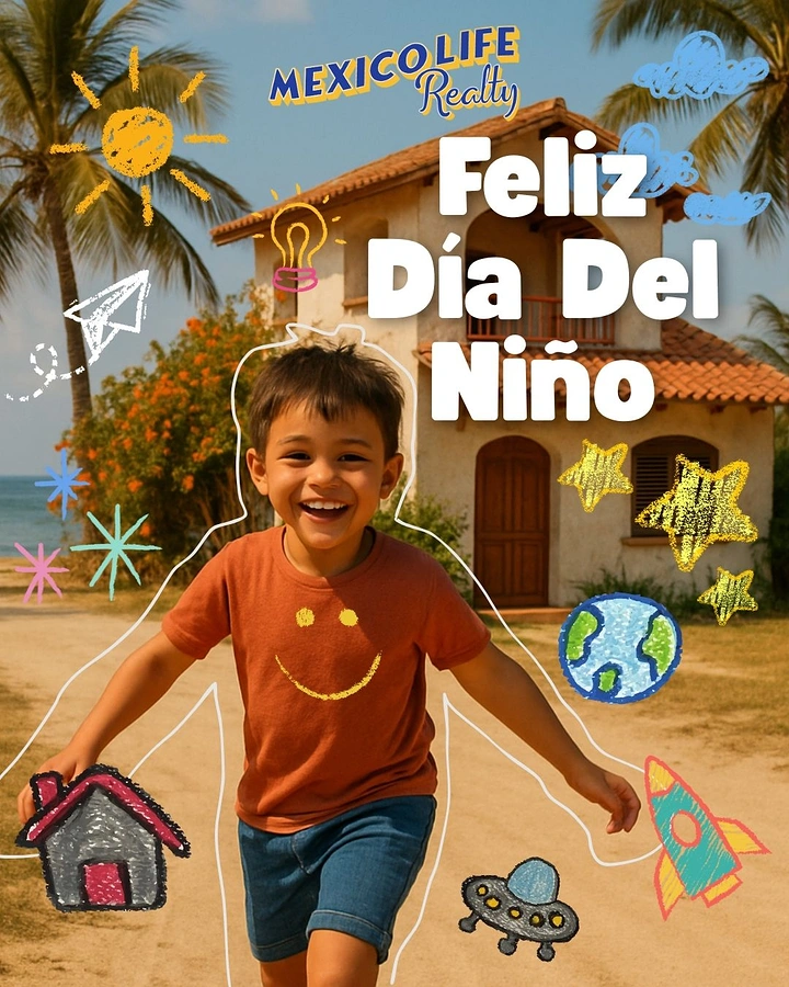 Children's Day creative ad: Laughing boy running in front of a Mexican hacienda-style house