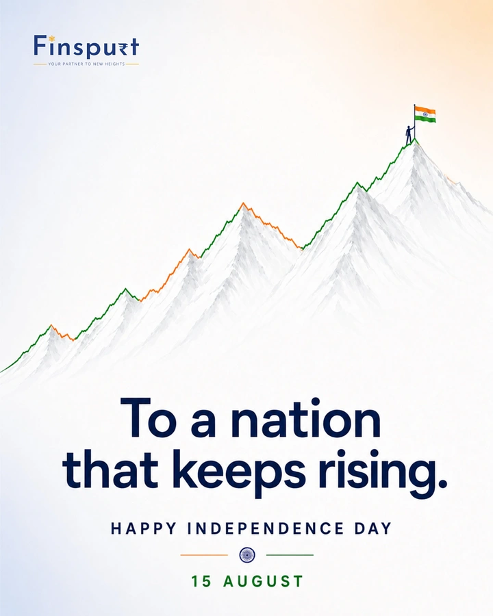 Independence Day creative ad: Snowy mountain range whose ridge is a rising stock chart, with a climber planting the flag