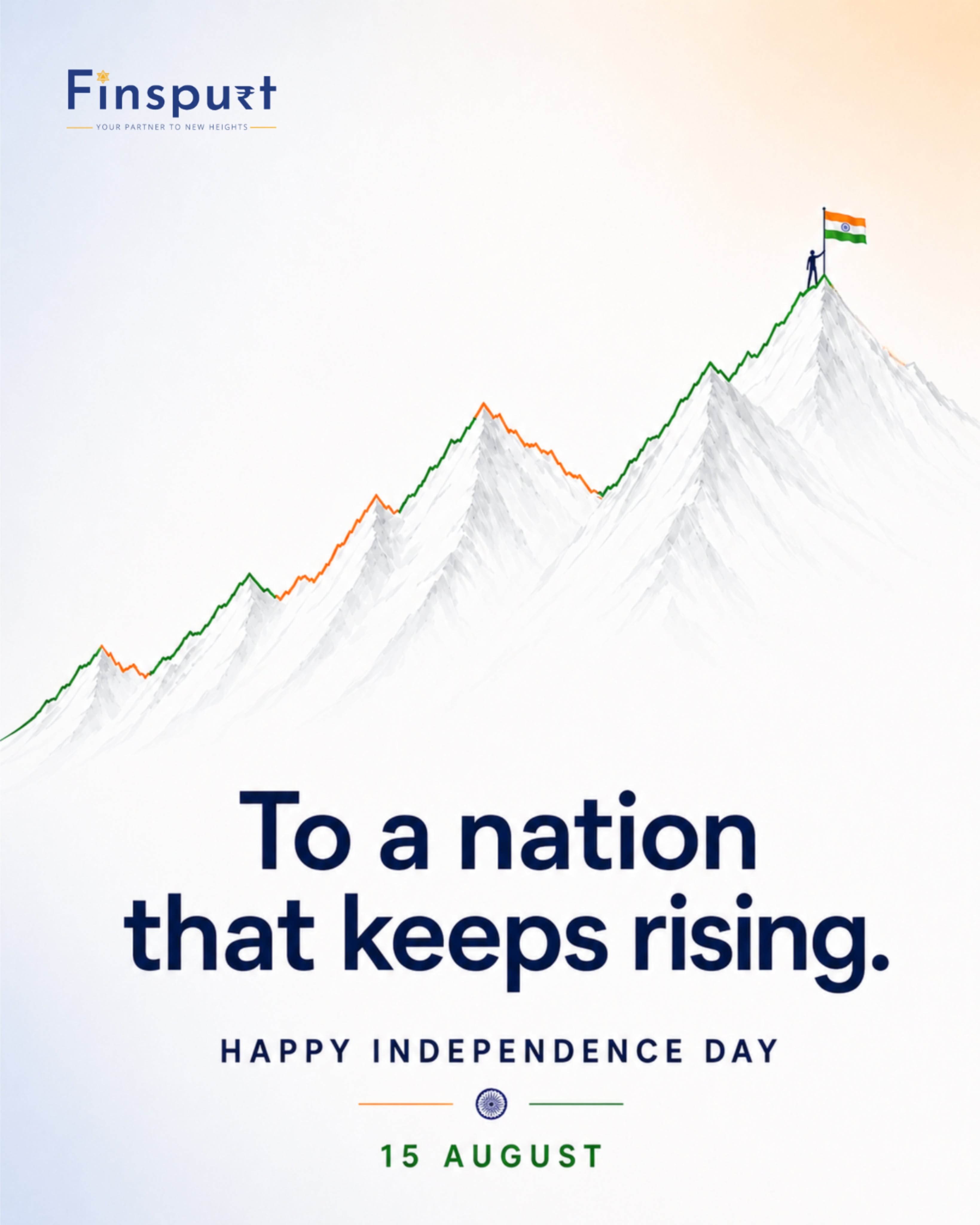Independence Day Instagram post: Snowy mountain range whose ridge is a rising stock chart, with a climber planting the flag
