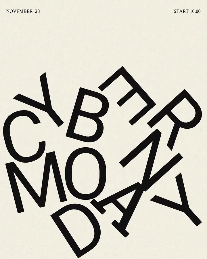 Cyber Monday creative ad: Tumbling oversized letters spelling Cyber Monday