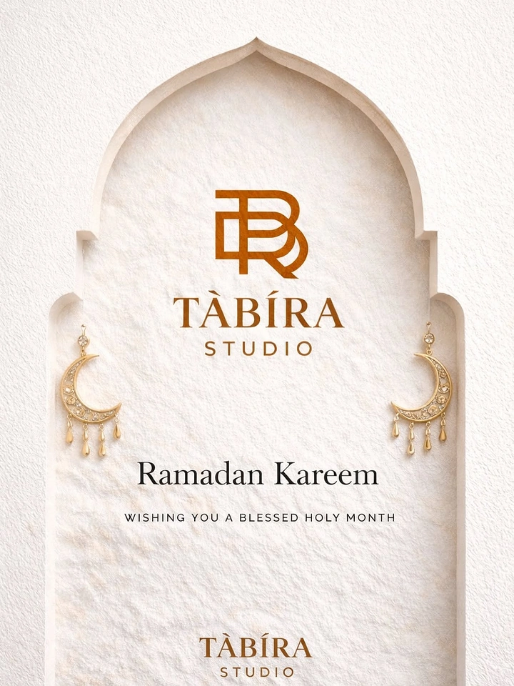 Ramadan creative ad: Pair of gold crescent drop earrings hung inside a white arched niche