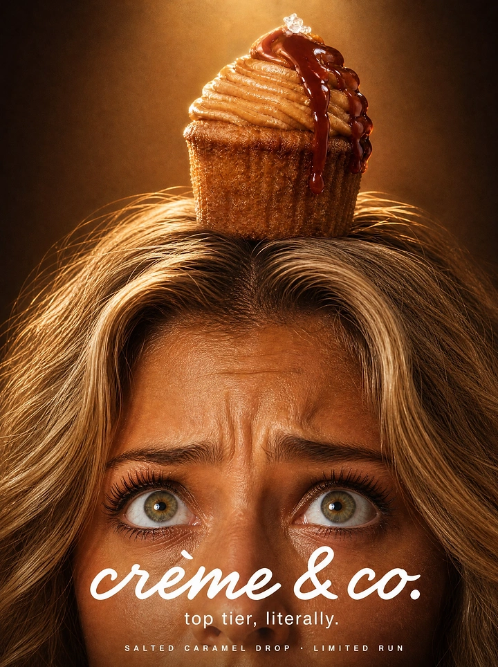 Sweet Shop creative ad: Worried woman balancing a salted caramel cupcake on her head