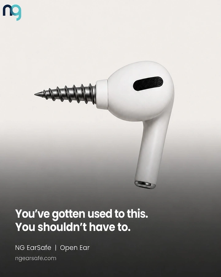 Hearing Aids creative ad: Earbud as screw: painful habit metaphor