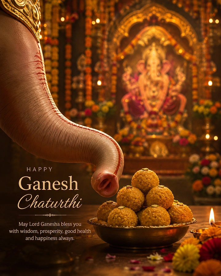 Ganesh Chaturthi creative ad: Elephant trunk reaching for a brass bowl of laddoos before a glowing shrine
