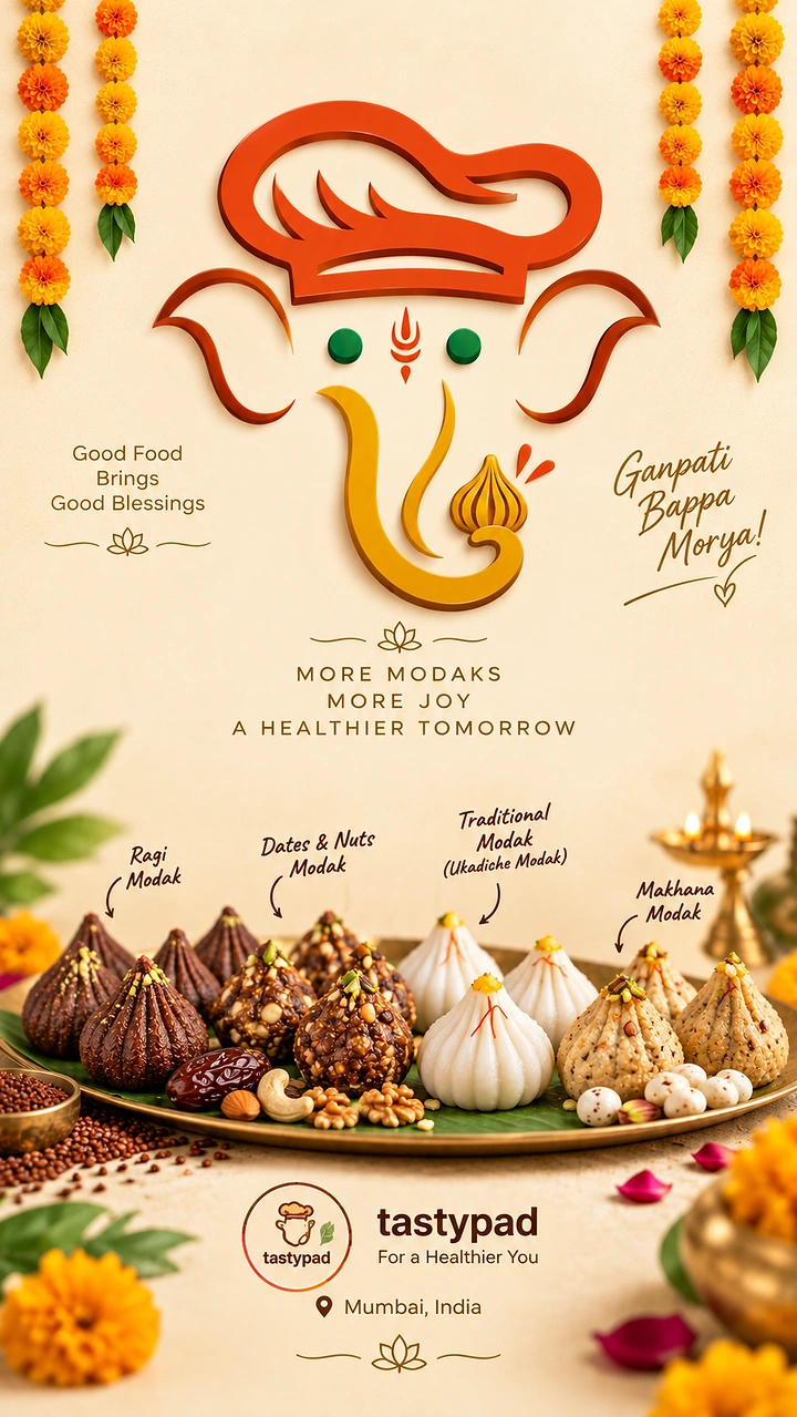 Ganesh Chaturthi creative ad: Stylised Ganesha line logo wearing a chef hat above a platter of assorted healthy modaks