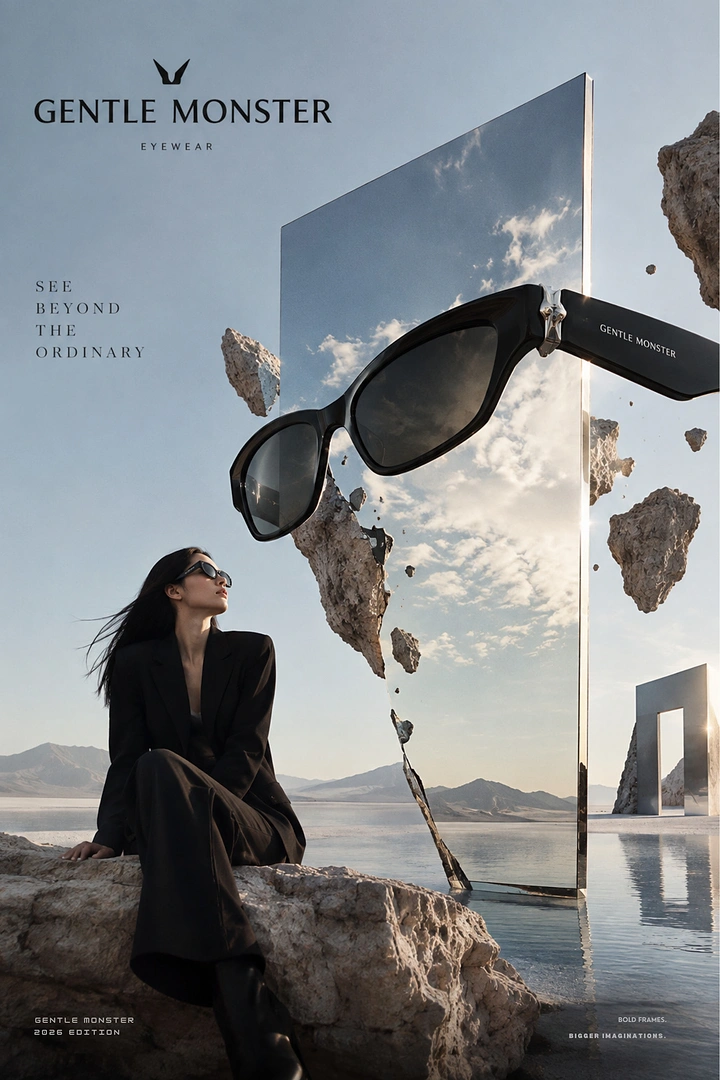 Creative ad: Giant sunglasses floating before a mirror slab, with a model seated on a rock