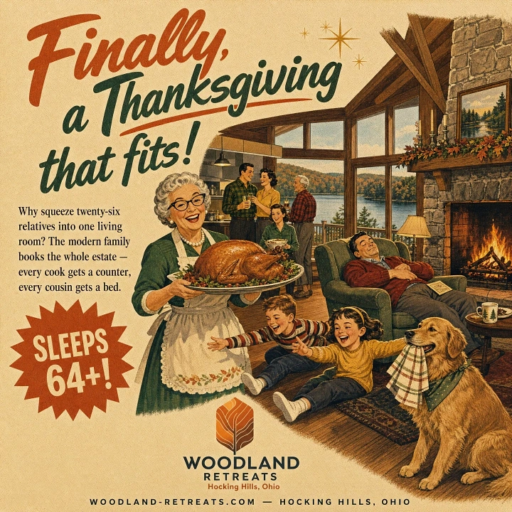Thanksgiving creative ad: Vintage family Thanksgiving in a lakeside lodge