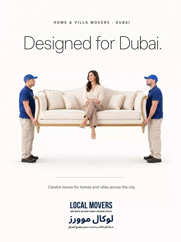 Movers & Packers creative ad: Movers carry sofa with woman, minimal luxury