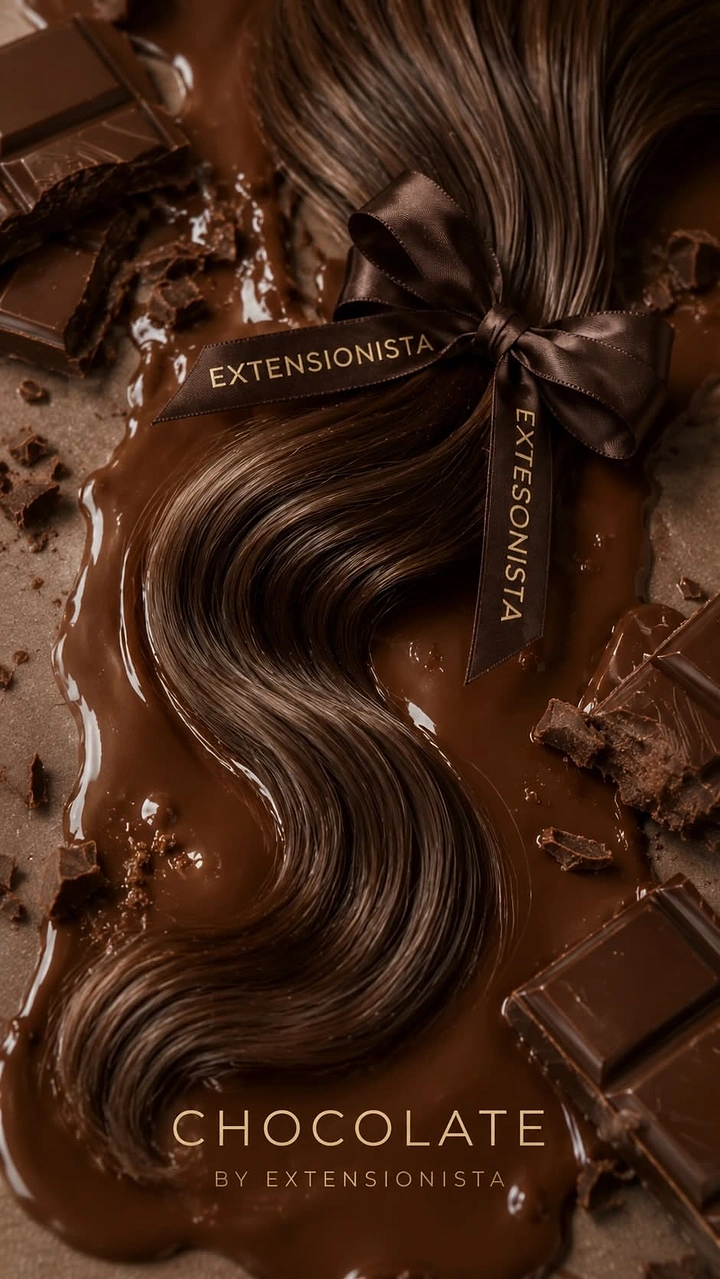 Beauty & Salon creative ad: Wavy chocolate-brown hair extension lying in a pool of melted chocolate, tied with a branded satin bow