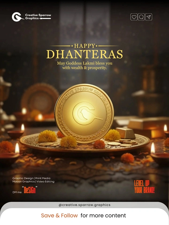 Dhanteras creative ad: Embossed gold logo coin on a brass plate with diyas
