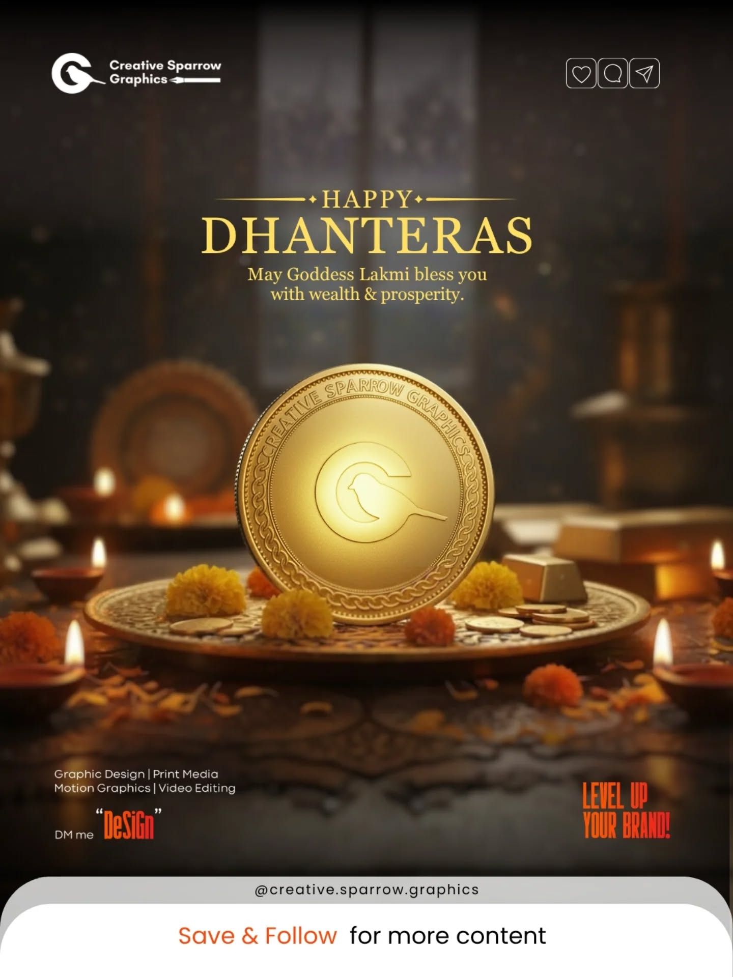 Embossed gold logo coin on a brass plate with diyas