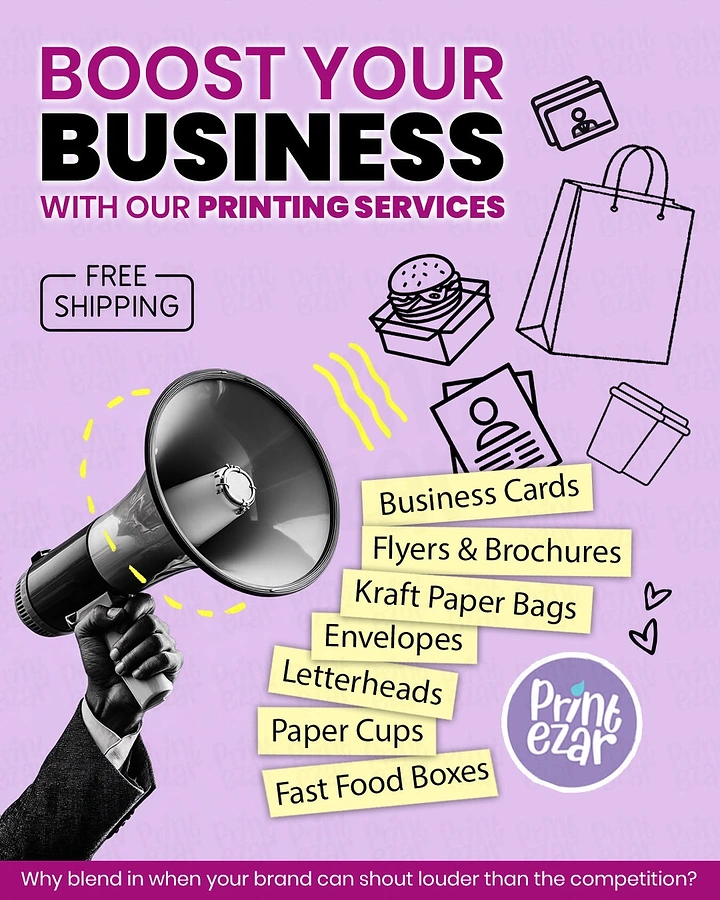Printing Shops creative ad: Megaphone collage shouting print products list