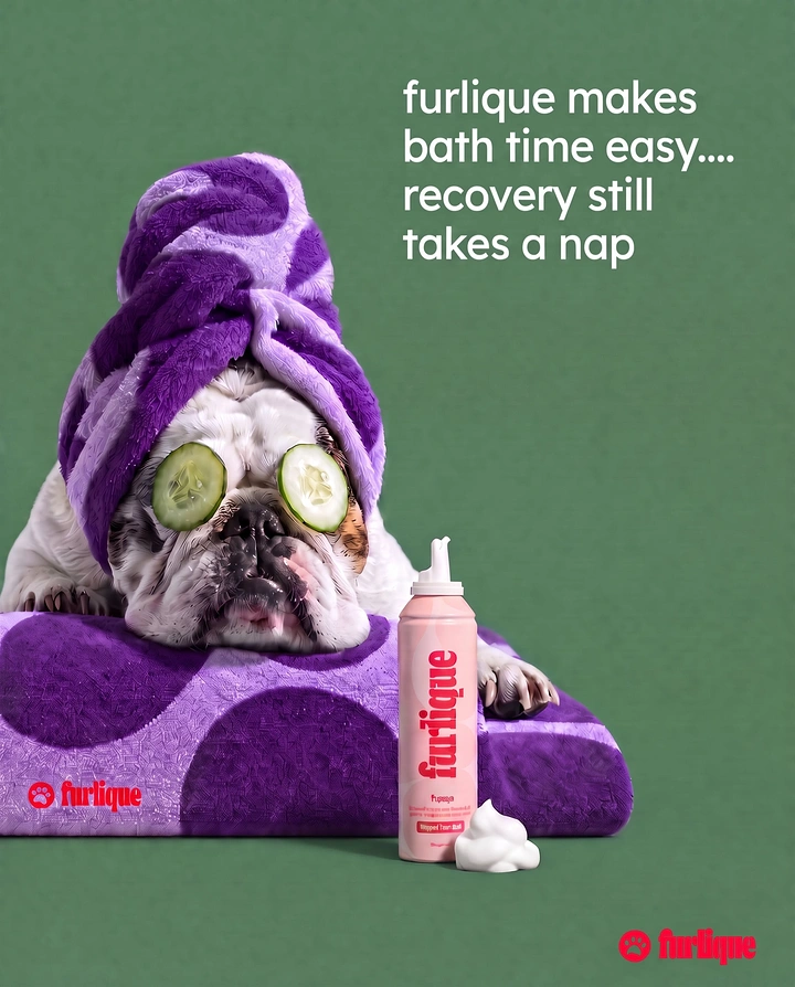 Pet Grooming creative ad: Spa-day bulldog with cucumbers, witty nap copy