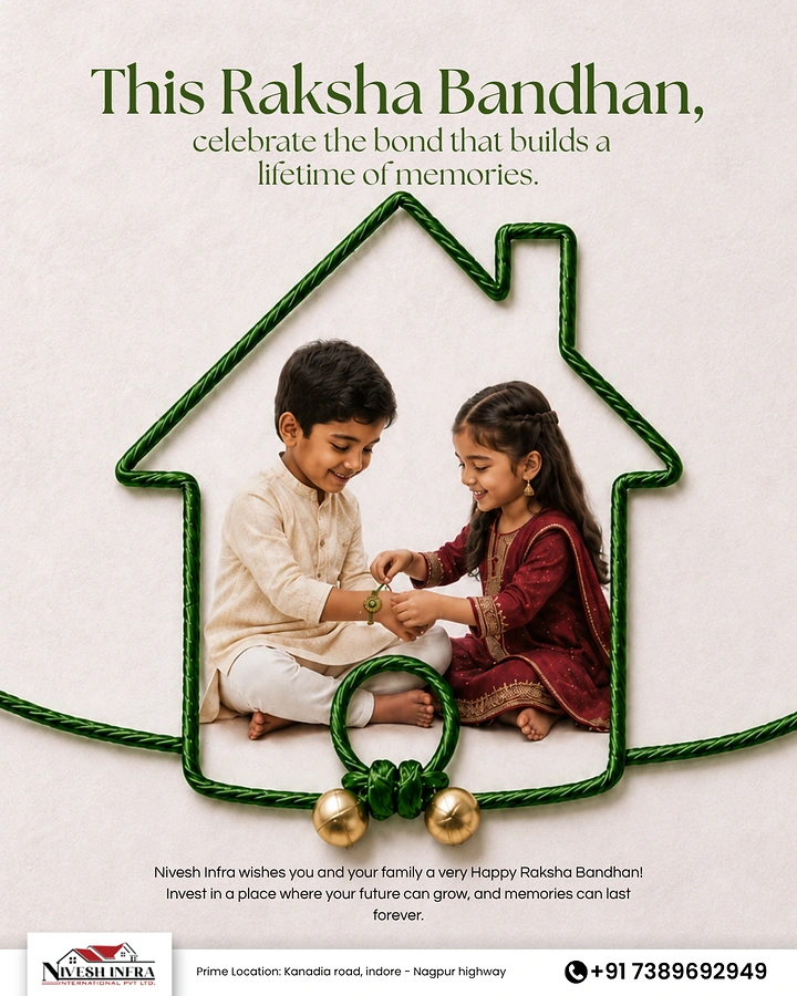 Raksha Bandhan creative ad: Siblings tying a rakhi inside a house outline made of green rakhi cord
